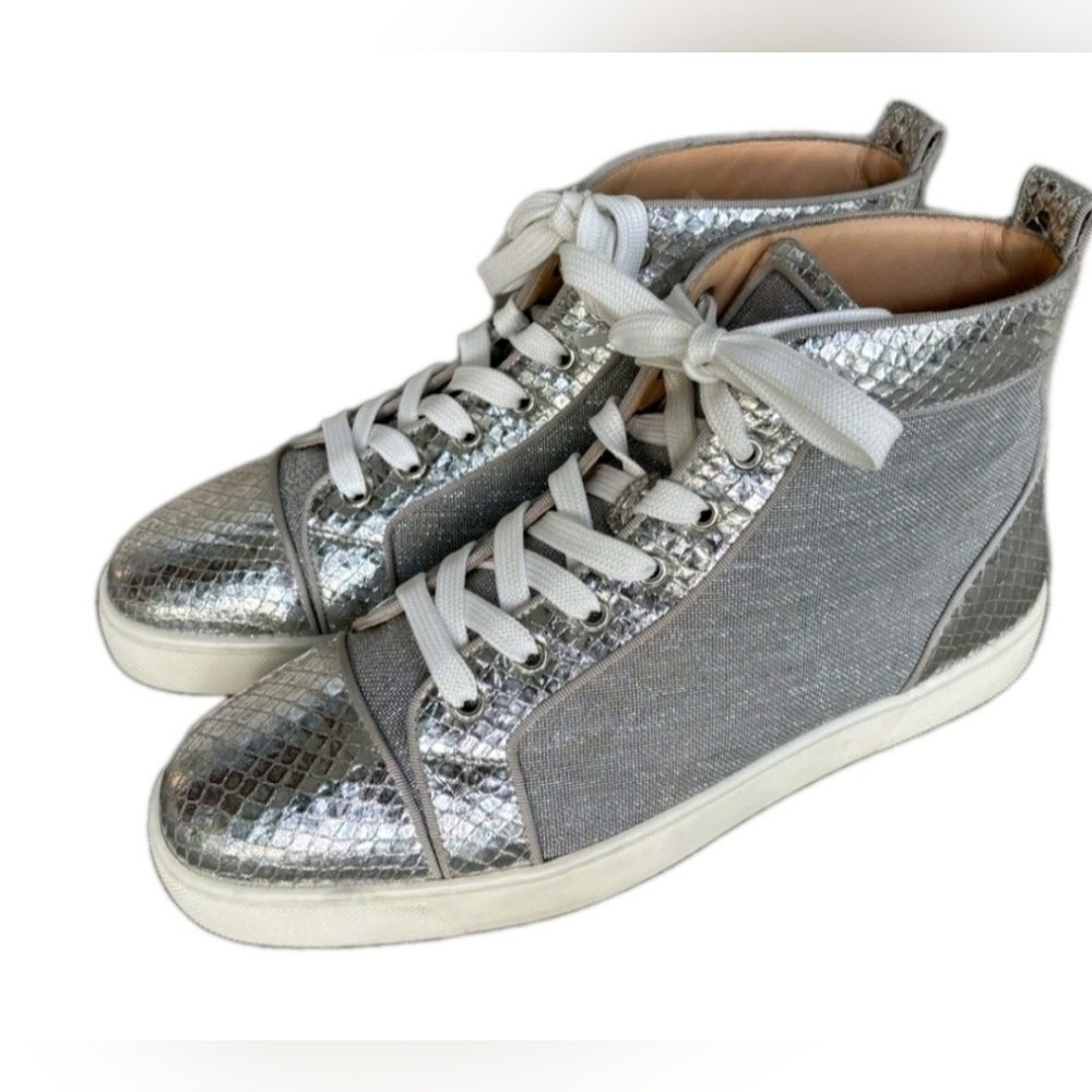 Christian Louboutin Silver Metallic ‘Orlato' Red Bottom High Tops EU 43 US 10